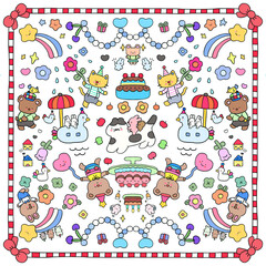 Cute Animal Birthday Party Pattern - Colored  Version.  Playful illustration page for kid .