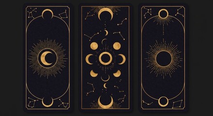 Tarot-inspired moon frames featuring golden celestial motifs—crescent moon phases, shining sunbeams, and star constellations within rectangular outlines.

