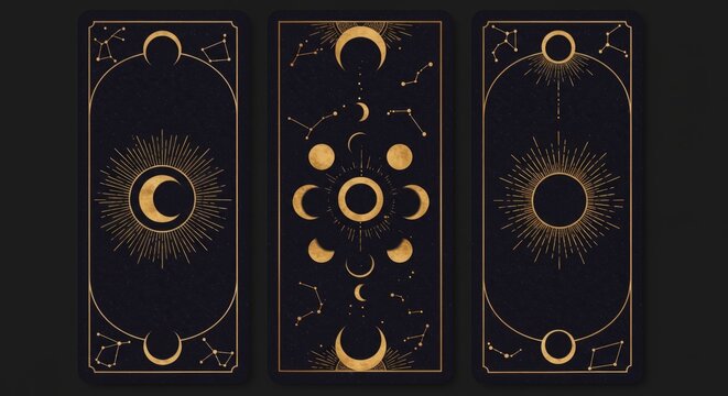 Tarot-inspired moon frames featuring golden celestial motifs—crescent moon phases, shining sunbeams, and star constellations within rectangular outlines.
