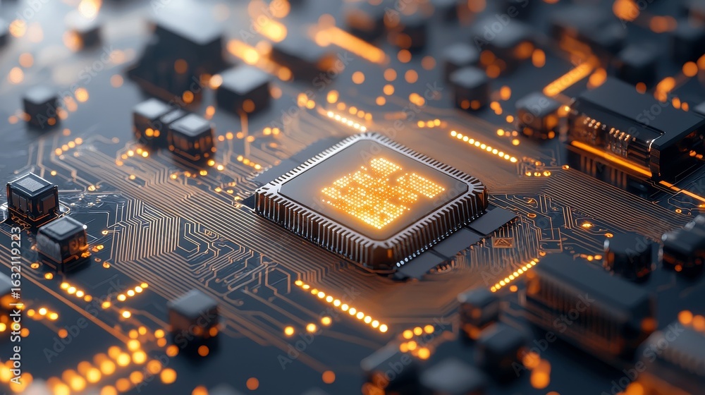 Poster exploring technology innovations circuit board close-up digital workshop electronic components futur
