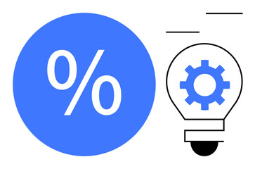 Blue percentage sign in a circle next to a light bulb with a gear. Ideal for finance, innovation, strategy, analytics, problem-solving, business growth, technology. A simple flat metaphor