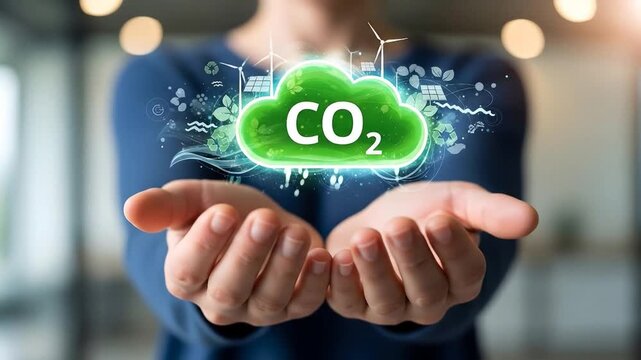 Hands hold a glowing cloud with CO2 and ecoicons