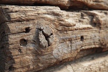 Obraz premium Close-up of weathered wooden log texture with visible knot and cracks, natural background.