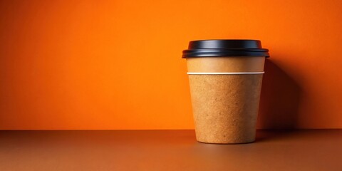 A single disposable coffee cup with a black lid sits on a brown surface against a vibrant orange background, ready for your branding message