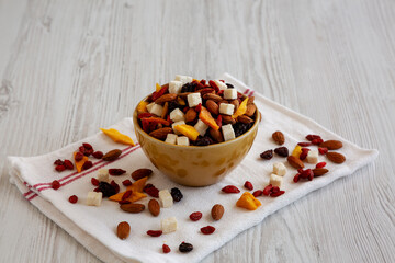 Healthy Dried Fruit and Nut Mix in a Bowl, side view.