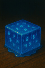 Obraz premium Runic Blue Cube Dessert with Melting Glaze and Magical Symbols
