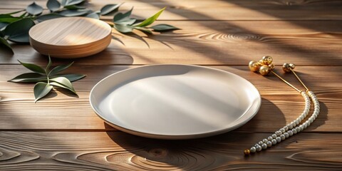 Empty plate on wooden surface with natural light, decorative elements, and foliage