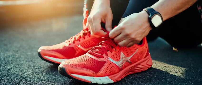 Close-up of a runner's hands tying bright red athletic shoes before an outdoor workout - Powered by Adobe