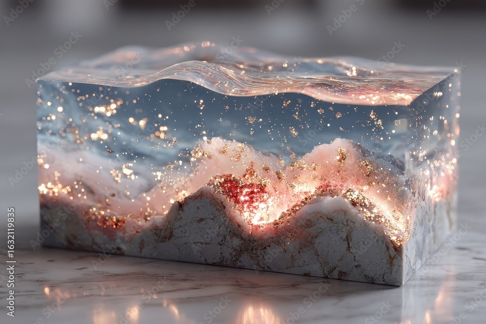 Aufkleber captivating abstract resin art block with glowing mountains and shimmering gold.