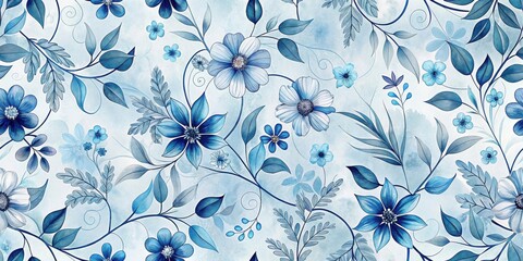 Serene Watercolor Floral Pattern Delicate Blue Blooms and Lush Greenery on a Soft Background