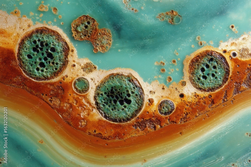 Poster abstract macro image of vibrant teal and rusty orange textures with porous circles.