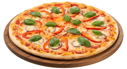 Savory pizza topped with fresh basil, red peppers, and melted cheese, ready to be enjoyed on a rustic wooden board.