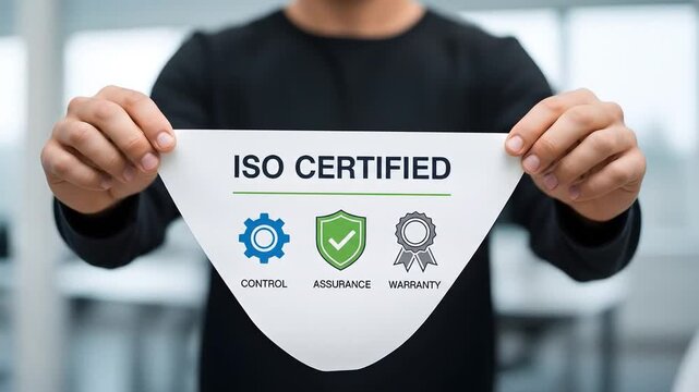 Man holding a paper with ISO CERTIFIED and three icons gear shield and ribbon