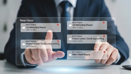 Man interacting with a holographic inbox displaying email notifications