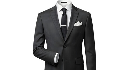 Sharp pinstripe suit with crisp white shirt, black tie, and pocket square exudes professionalism and confidence for any business occasion.