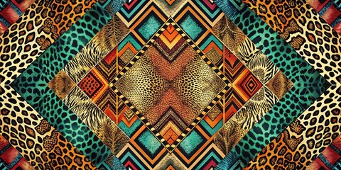 Vibrant Animal Print and Geometric Pattern Textile Design Featuring Bold Colors and Shapes Ideal for Fashion, Interior Design, and Artistic Applications