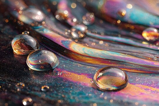 Macro shot of iridescent water droplets on a shimmering surface, showing vibrant colors.