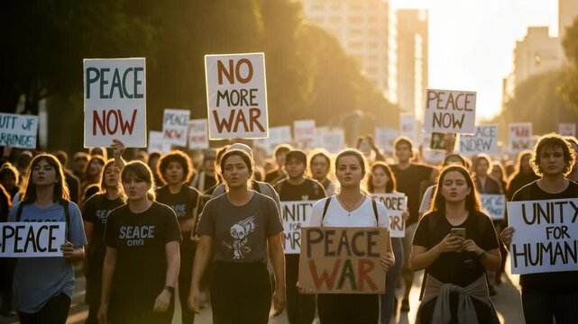 Peace Now, No More War. A crowd of young activists marching for peace and unity. People protesting on a city street at sunset.