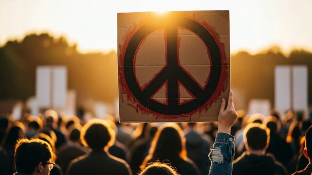 A person holding a handmade peace sign placard above a crowd. Activists at a peaceful protest or rally during a golden sunset.