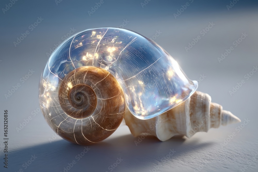 Poster an innovative transparent seashell glowing with intricate digital circuit patterns.