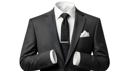 Sharp businessman confidently dressed in a pinstripe suit with a crisp white shirt and black tie