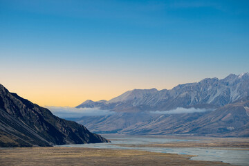 Majestic Alpine Valley at Golden Hour from Tasman Glacier Terminal Lake, Aoraki Mount Cook National Park, New Zealand