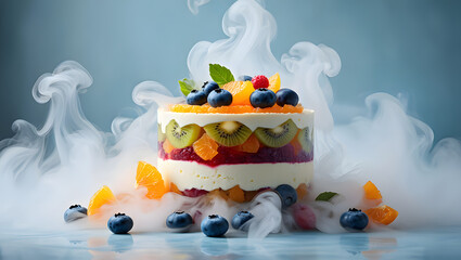 Delicious red kiwi and strawberry dessert with a sweet fountain of fresh fruits and berries, cake model smoke background