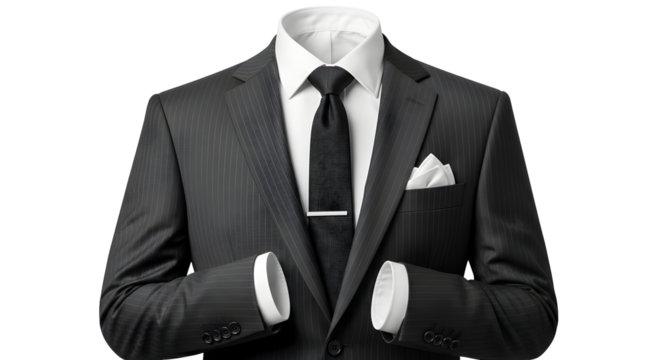 Sharp businessman confidently dressed in a pinstripe suit with a crisp white shirt and black tie