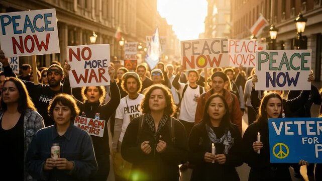 Peace Now, No More War. A diverse crowd of activists marching in a street protest for peace and an end to conflict.