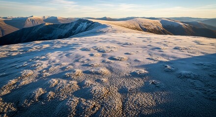 Golden Sunrise Illuminates Frosted Tussocks on a Vast Mountain Ridge.