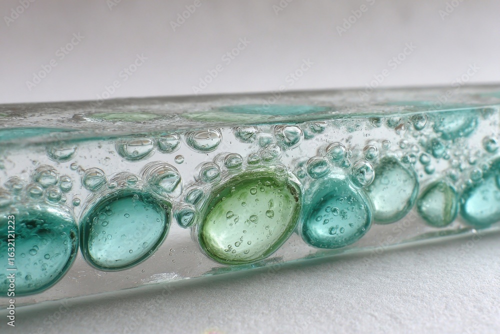 Poster abstract macro of clear glass with embedded blue-green pebbles and bubbles.