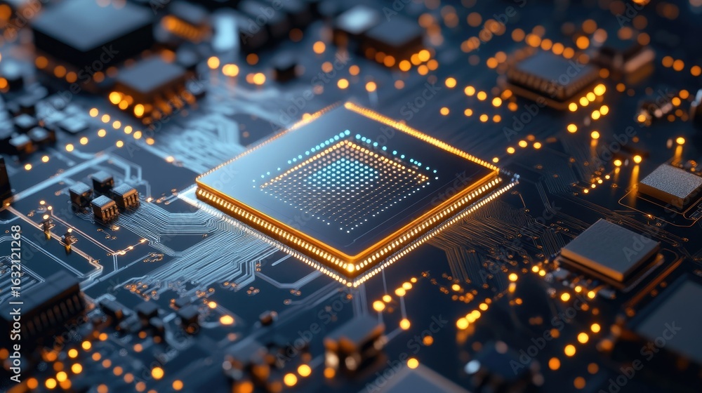 Aufkleber advanced semiconductor chip with floating circuit board hologram, future technology concept, high-pe