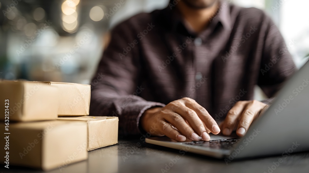 Poster a man processing online orders in a remote commerce setting