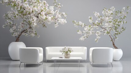 White sofa and chairs with flowering trees in pots against a gray background studio shot