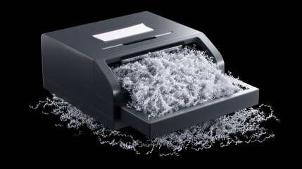 Dark paper shredder overflows with curls on black. Smooth surface, bright light. Illustrates data security, identity theft. For posters, web design.