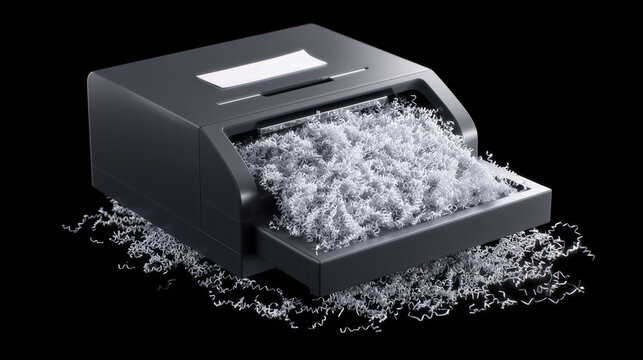Dark paper shredder overflows with curls on black. Smooth surface, bright light. Illustrates data security, identity theft. For posters, web design.