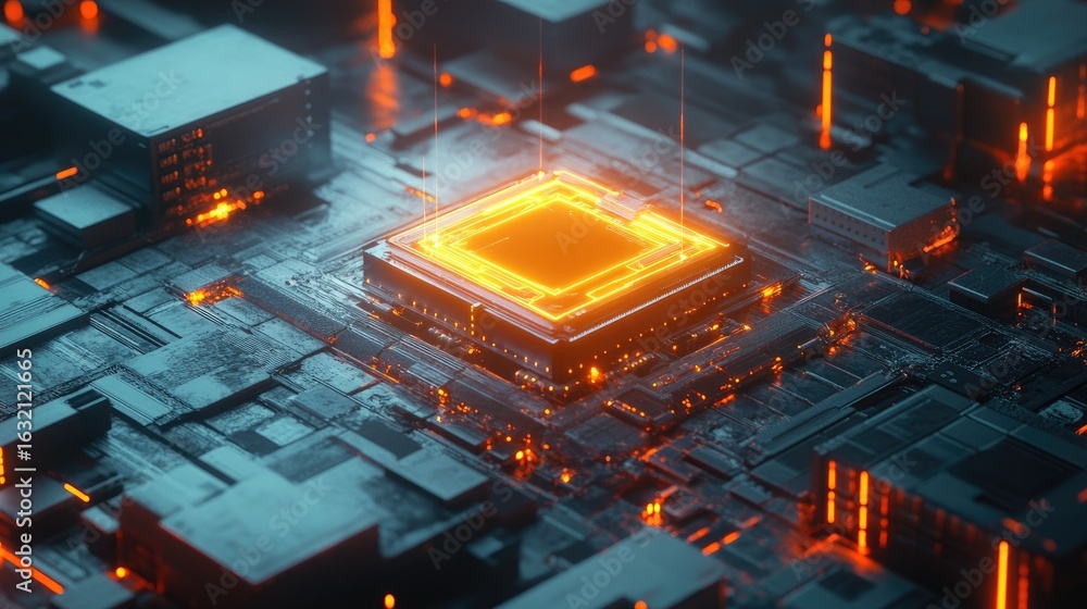 Poster ai microchip with a dynamic holographic circuit, futuristic processor concept, glowing neon lights a
