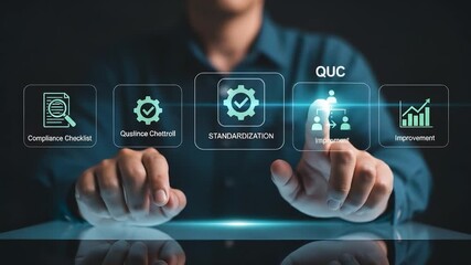 Person interacting with digital interface of business process icons - Powered by Adobe