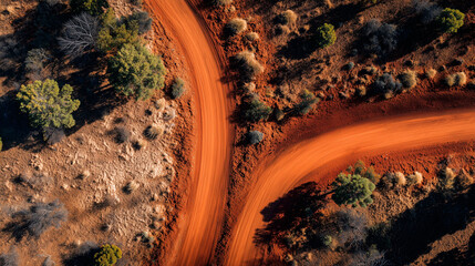 Drone shot of winding red dirt road through savannah