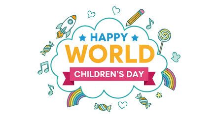 Celebrate World Children's Day with vibrant, joyful elements like rockets, rainbows, and sweet treats perfect for festive designs and promotions.