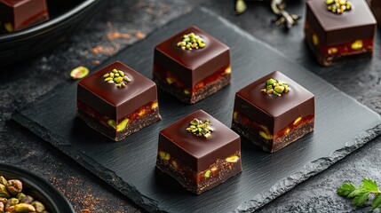 Artisan chocolate squares inspired by Dubai, with glossy finish, pistachios, and layered kadaif inside, styled on slate plate