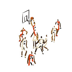 Rough sketch of basketball game, basketball player scores a goal, illustration
