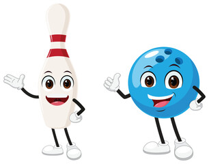 Cute Bowling ball and pin cartoon character