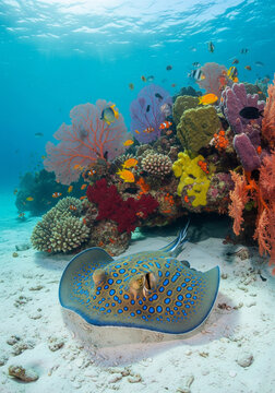Superbe raie pastenague sur un r&eacute;cif de corail