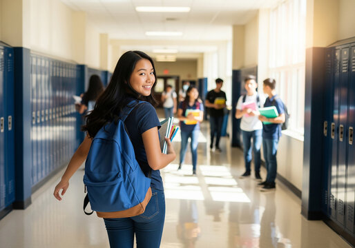 &Eacute;l&egrave;ve heureuse avec un sac &agrave; dos marchant dans un couloir d'&eacute;cole