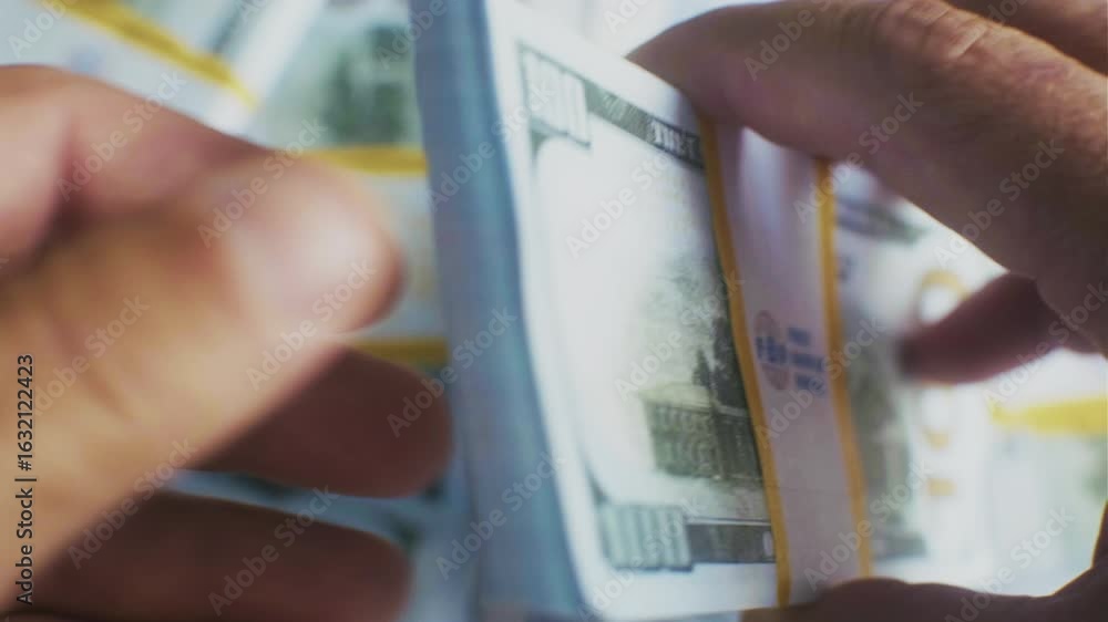 Poster a hand is holding a stack of freshly printed hundred-dollar bills, with additional stacks visible in