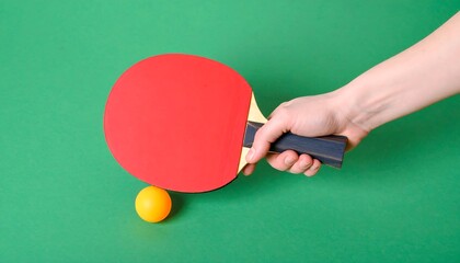 Close-up of a hand holding a table tennis paddle with a ball on green surface