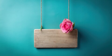 A delicate pink rose rests gently on a rustic wooden sign, hanging against a vibrant teal backdrop, perfect for a romantic message or thoughtful announcement.