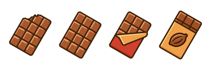 Set of four chocolate bars in different stages: one bitten, one unwrapped, one partially unwrapped, and one with a cocoa pod design. Vector illustration