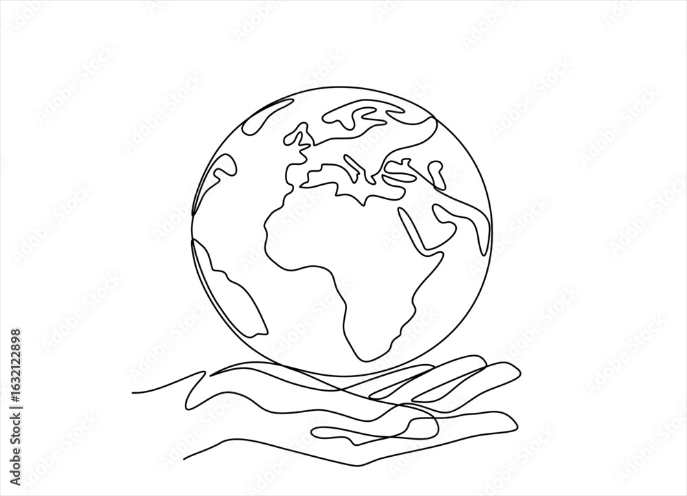 Poster one continuous line drawing of hand holding earth globe. world environment day poster in simple line